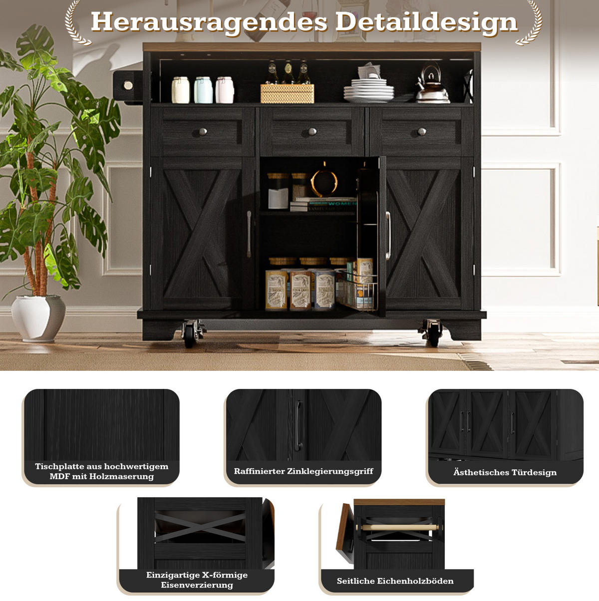 KÜCHENINSEL 118x43x98cm Schwarz mit klappbarer Platte, Schublade, Snackhalter & 5 Rollen - Schwarz, Holzwerkstoff (118/98/43cm) - Modfu
