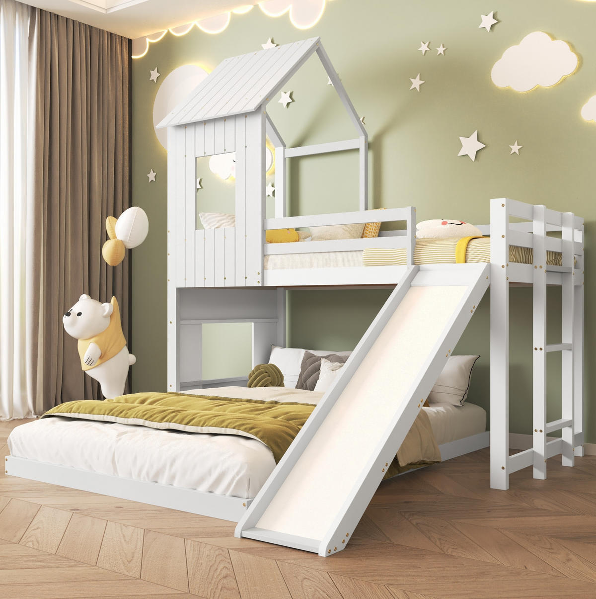 ETAGENBETT aus Kiefernholz und MDF 90x200 und 140x200 cm Weiß mit Rutsche und Fallschutzgitter - Weiß, Holzwerkstoff (90/200cm) - IVMEU