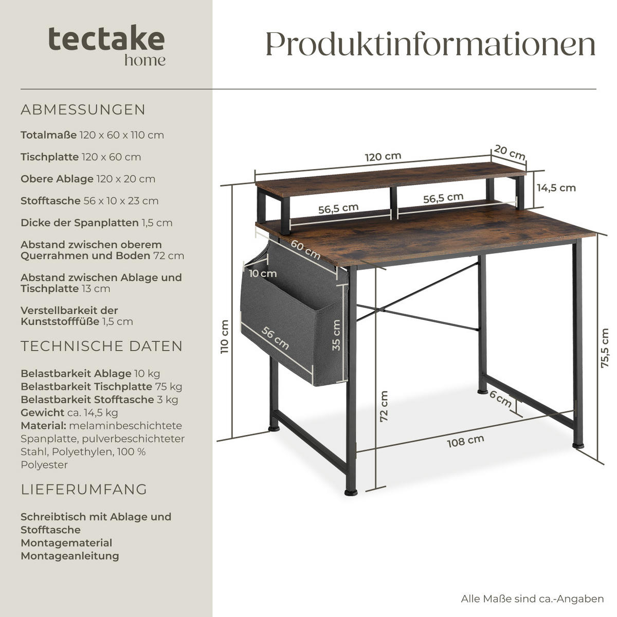 SCHREIBTISCH Thornton, 120 x 60 x 110 cm, Industrial Holz dunkel, rustikal - Rostfarben, Holzwerkstoff (60/120/90cm) - tectake