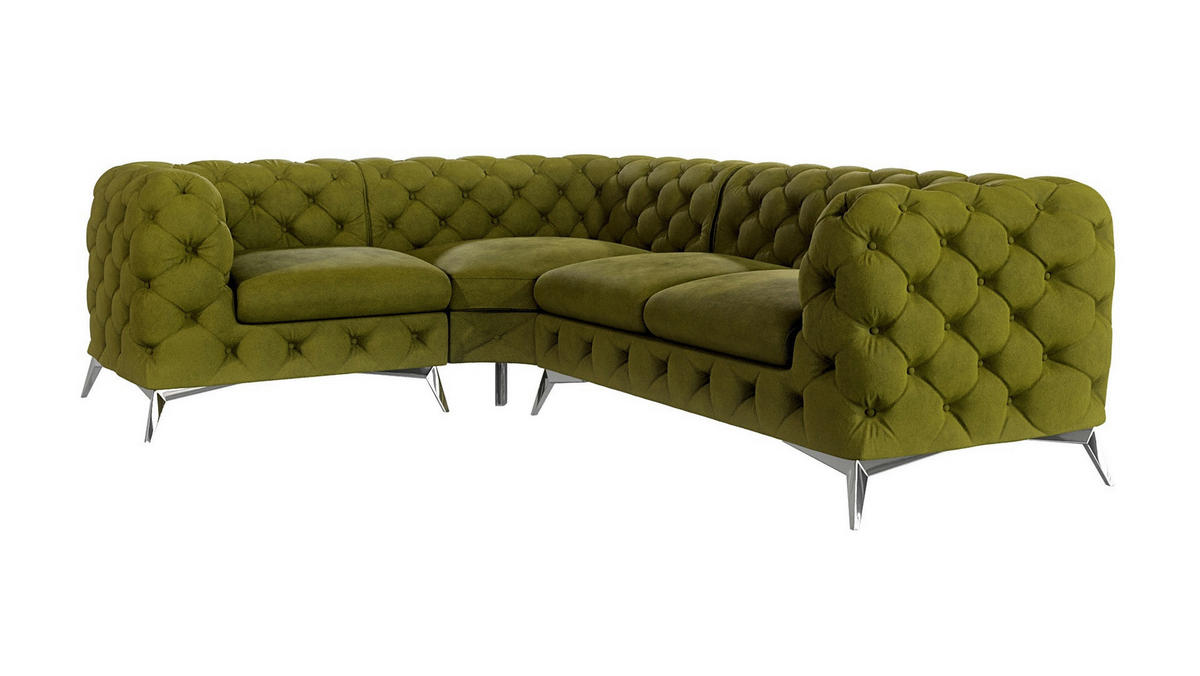 ECKSOFA Chesterfield Laura Olive Samt, Ottomane Links - Silberfarben/Olivgrün, Holz/Textil (264/204cm) - S-Style Möbel
