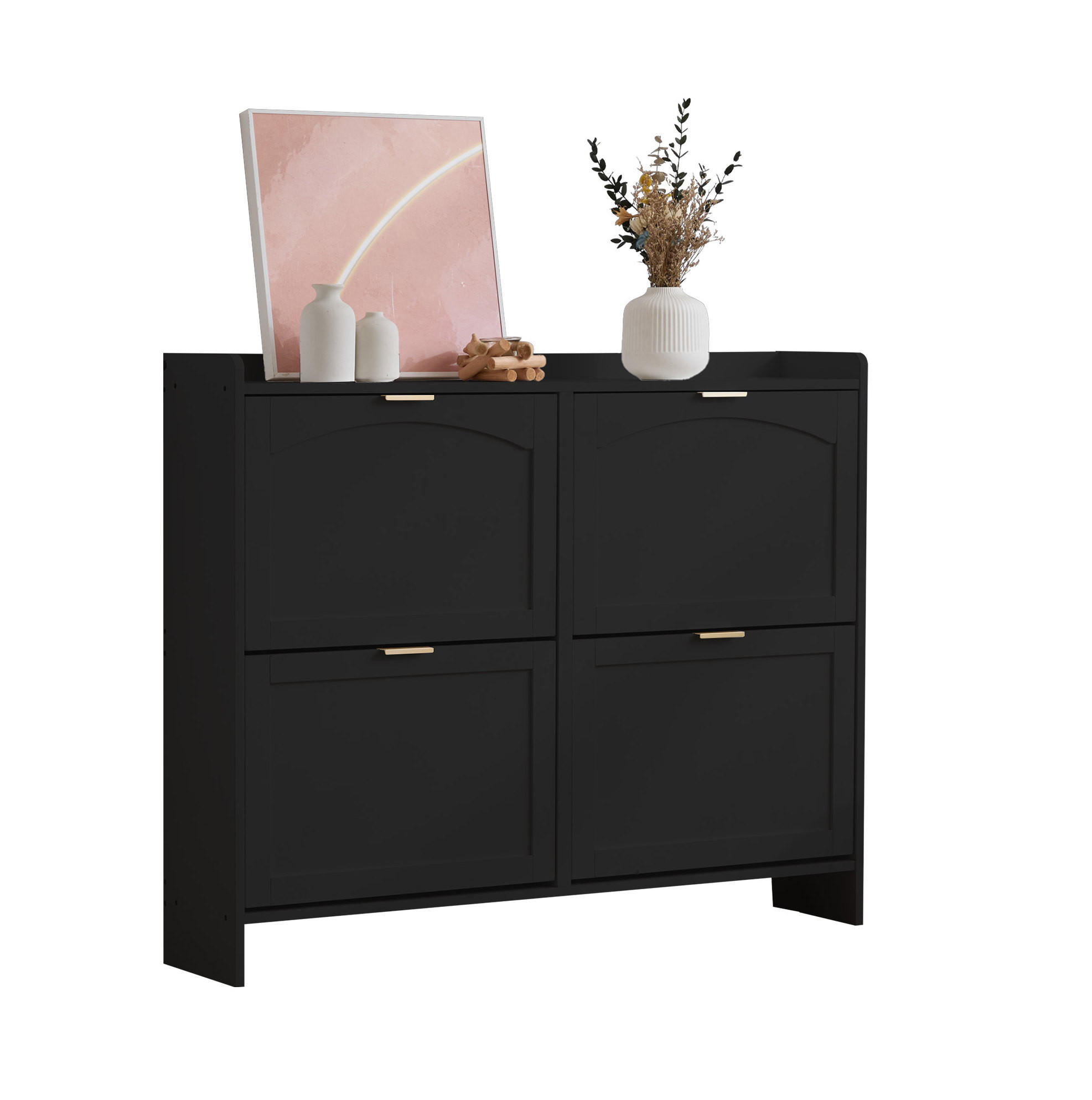 SCHUHSCHRANK aus Spanplatte 110x24x90cm in Schwarz mit 4 Klappfächern - Schwarz, Holzwerkstoff (110/90/24cm) - Modfu