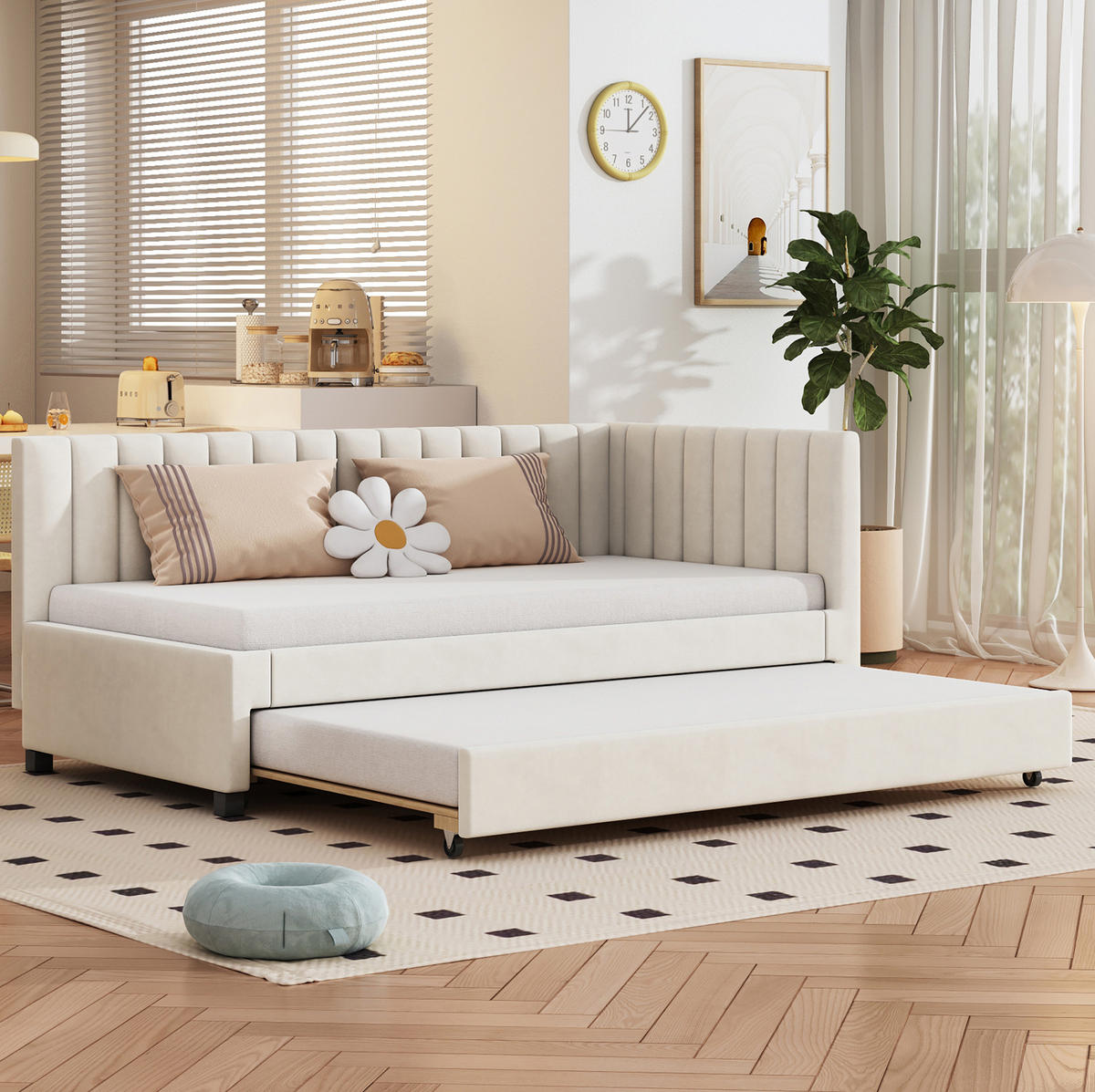 BETT aus Samtstoff 90x200 cm Beige mit Ausziehbett, Lattenrost und gepolstertem Kopfteil - Beige, Leder (140/200cm) - Modfu