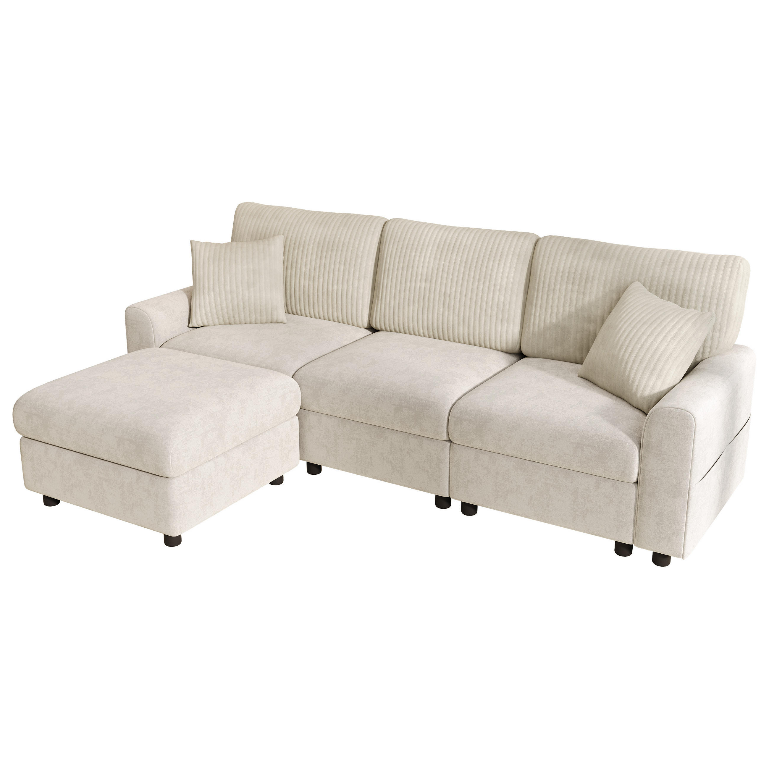 ECKSOFA 223/146/84 cm Beige mit 1 Fußhocker, 2 quadratischen Kissen, 1 USB-Anschluss und 1 Type-C-Anschluss - Beige, Textil (146/84/223cm) - Oxeza