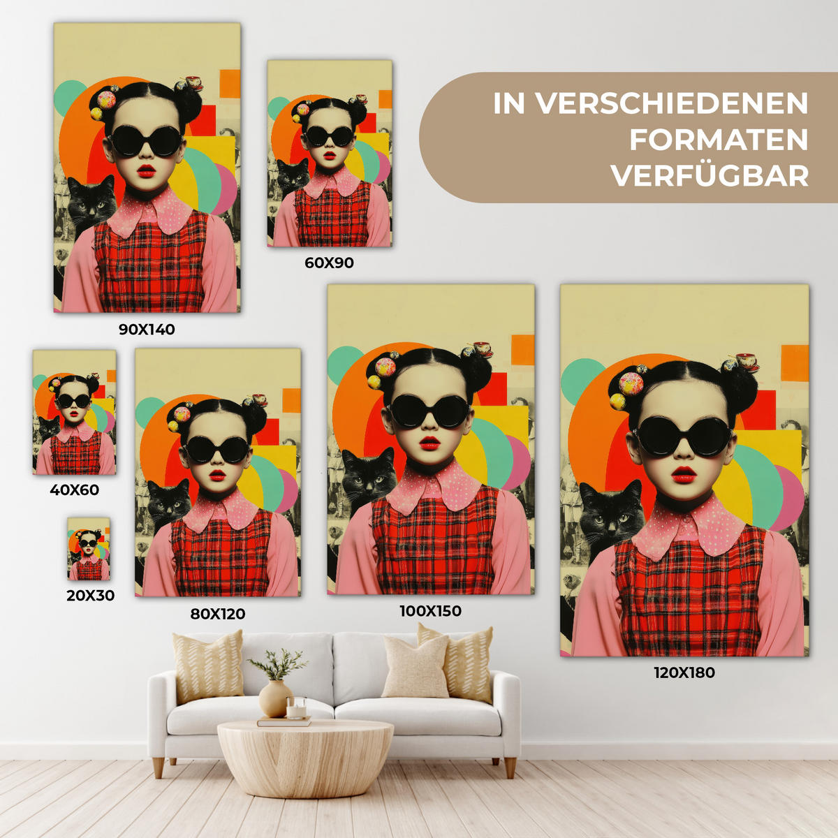 LEINWANDBILD Mädchen - Sonnenbrille - Katze - Retro Deko Wohnzimmer 20x30 cm - Beige, Textil (20/30cm) - MuchoWow