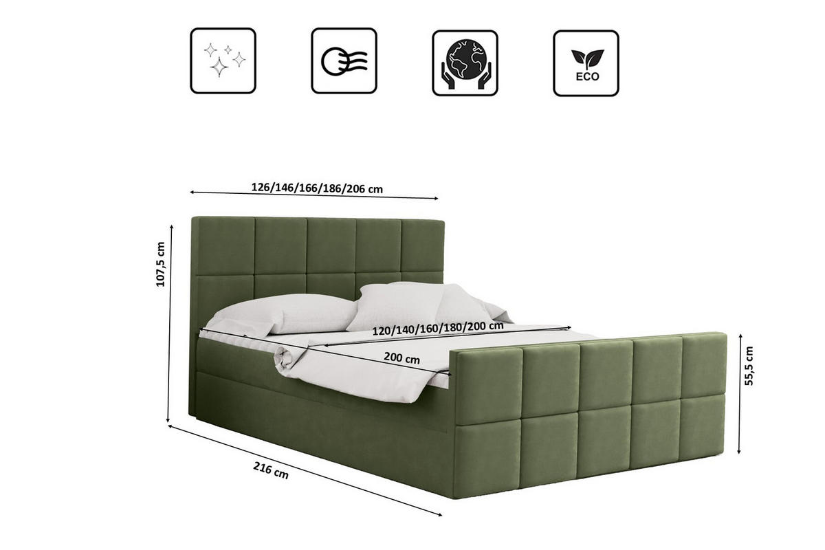 BOXBETT mit Bettkasten und Matratze Topper HANA Stoff Matt Velvet Olive 160x200 cm H3-Bonell - Olivgrün, Holz/Textil (160/200cm) - Kaiser Möbel