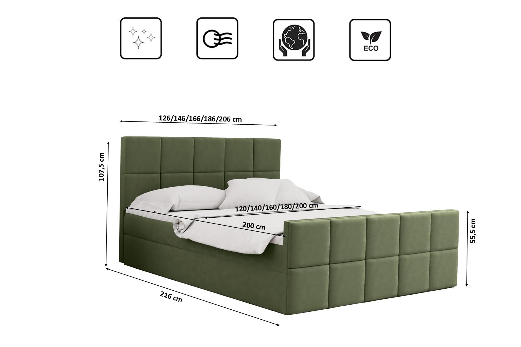 Thumbnail - Kaiser Möbel Boxbett, Olivgrün, Textil, H3, Höhe ca. 20 cm, einzeln stellbar, 200x200 cm, Schlafzimmer, Betten, Boxsprin...