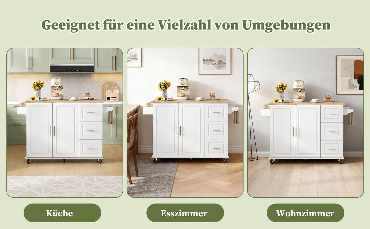 KÜCHENINSEL auf Rollen, KLAPPBARER KÜCHENWAGEN mit 3 Schubladen, Eichenholz, Küche, 137/76/92 cm - Weiß, Kunststoff (43/92/137cm) - Rolipo