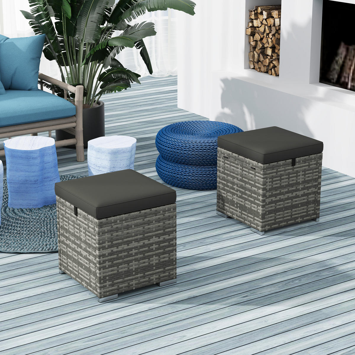 HOCKER 2er-Set mit Rattanoptik Stauraum 120 kg belastbar - Dunkelgrau, Metall (40/41/40cm) - Outsunny