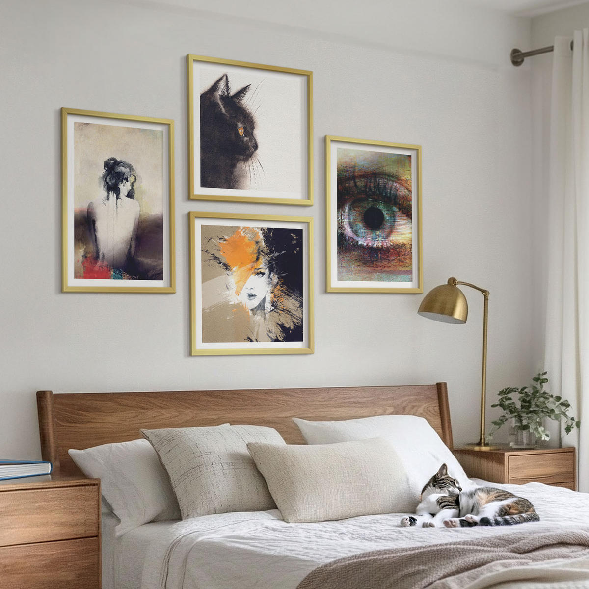 BILDER SET 4er Set - 50x50 cm & 40x60 cm Goldrahmen - Porträt einer Frau, Auge, Farben, Emotionen - Goldfarben, Kunststoff (50/50cm) - TULUP