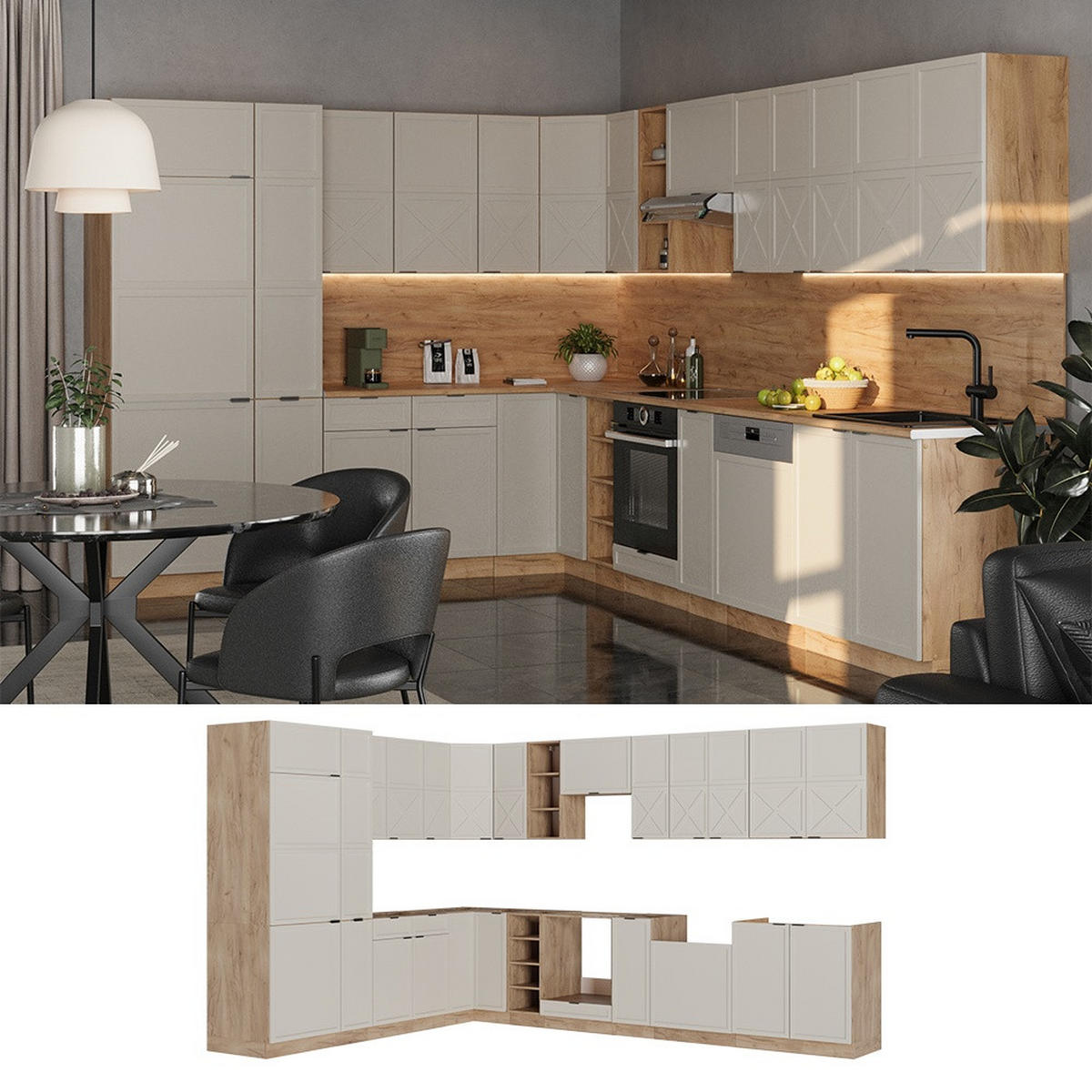 ECKKÜCHE Fame-Line, GrauBeige/Goldkraft Eiche, 347 x 257 cm ohne Arbeitsplatte - Greige/Eichefarben, Holzwerkstoff (347/206.8/51.6cm) - Vicco