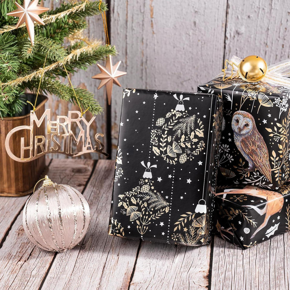GESCHENKPAPIER 3-teiliges Set mit Eulen- und Rentier-Motiv - Multicolor, Papier (4/44/10cm)
