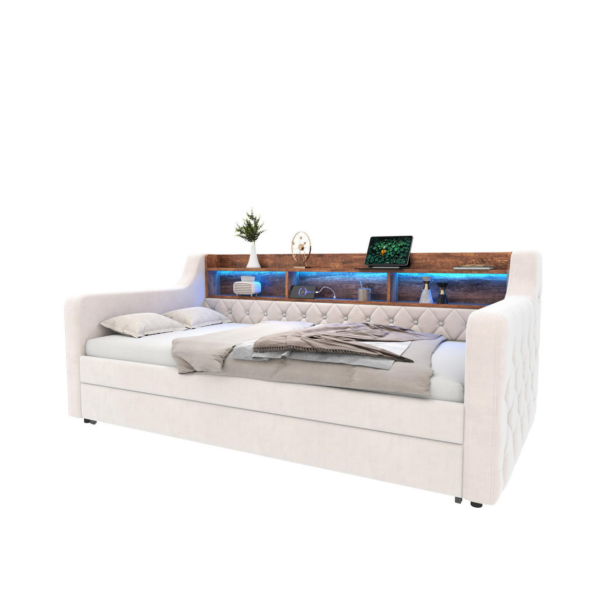SCHLAFSOFA 90/190 cm aus Samt mit Ausziehfunktion, LED-Beleuchtung, USB-C und Stauraum, Beige - Beige, Textil (201/75/107cm) - Redom