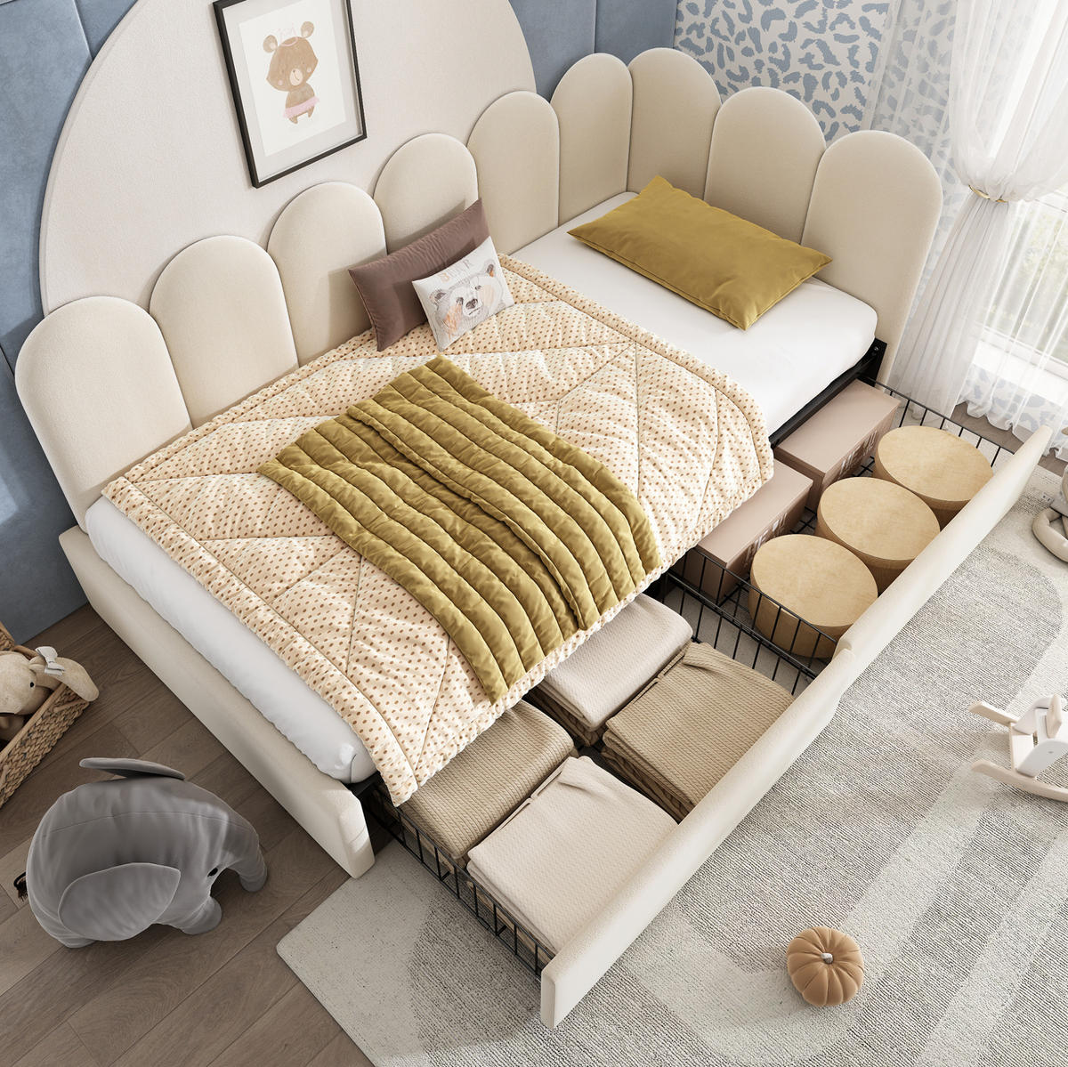 KINDERBETT Polsterbett 90/200 cm aus Samt mit 2 Schubladen Beige - Beige, Textil (90/200cm) - Modenvie