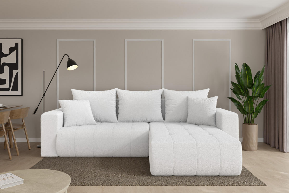 ROHOVÁ SEDAČKA s funkcí spaní, otoman vpravo MILA-L 277x194x86 bílá bouclé - bílá/černá, kompozitní dřevo/textil (277/194cm) - ALTDECOR