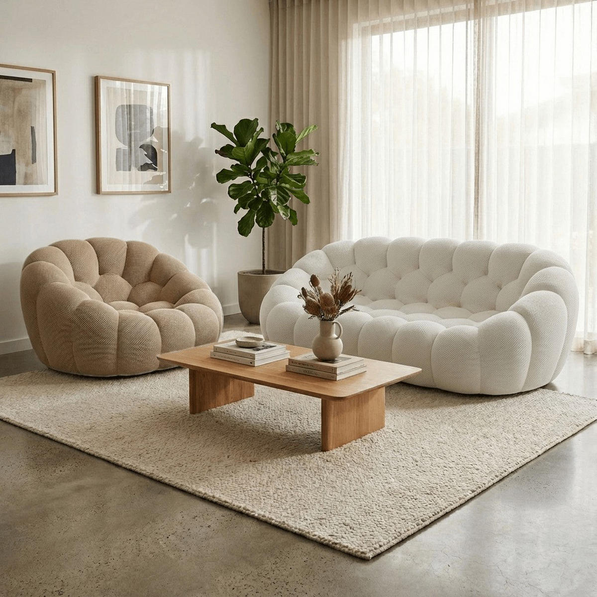 SITZGARNITUR Cocoon Sofa und Sessel Weiß und Sand - Sandfarben/Weiß, Textil (190/75/113cm) - COCO Living