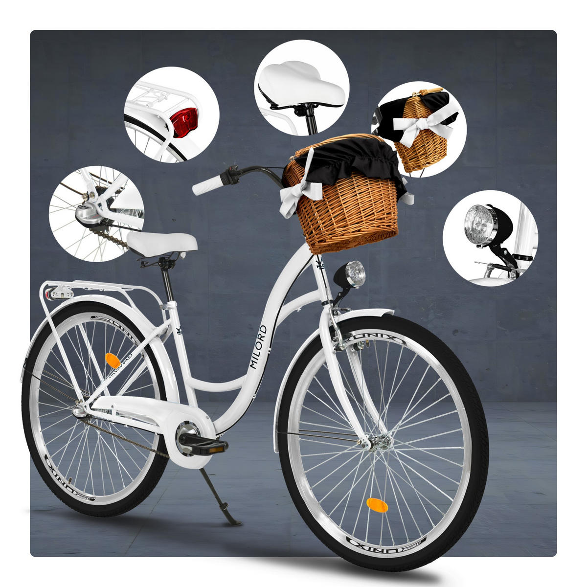 CITY-FAHRRAD Milord mit Weidenkorb, 28 Zoll, Weiß, 3-Gang - Weiß, Metall (46cm) - Milordbikes