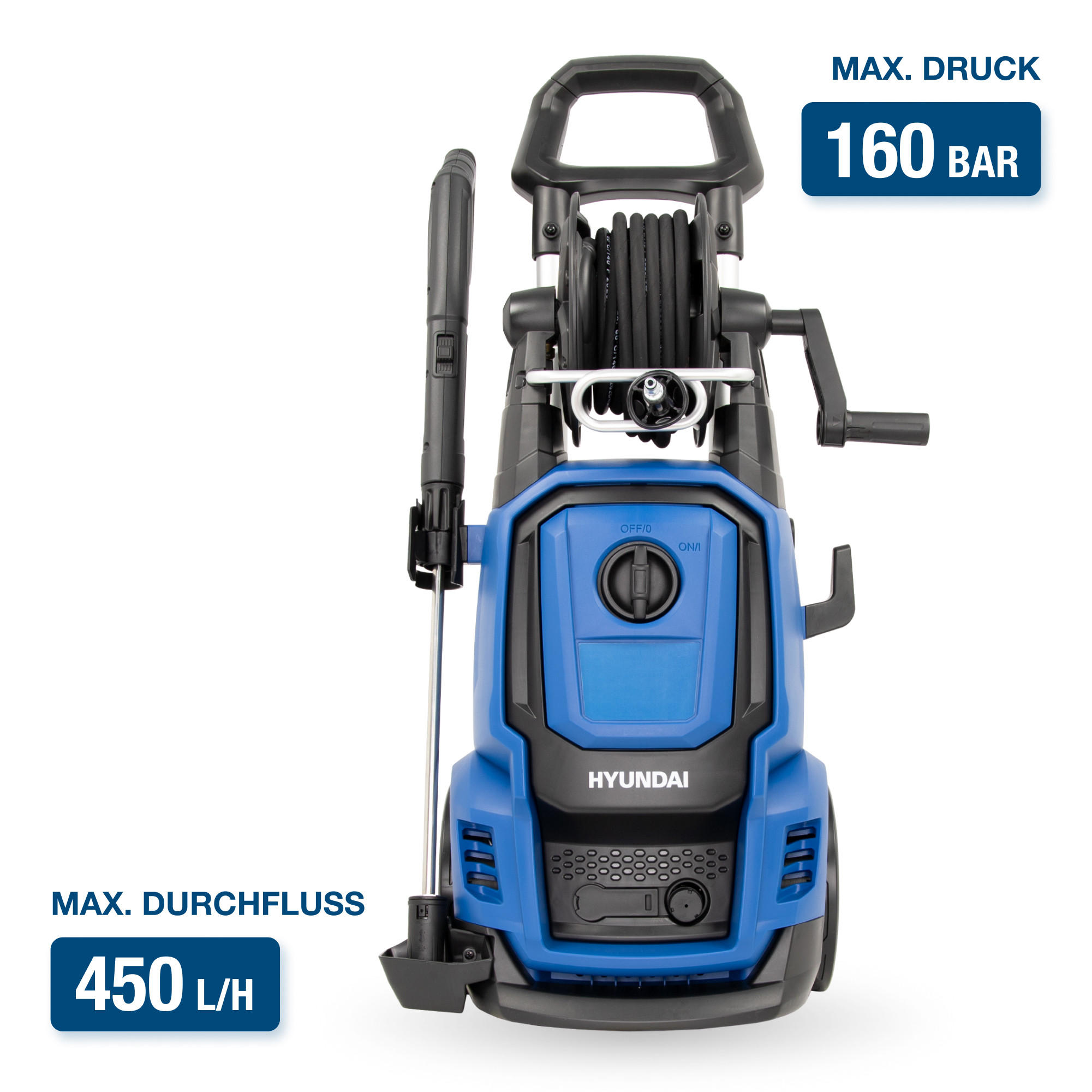 ELEKTRO-HOCHDRUCKREINIGER HPW2000CE (2000W, 160bar, 450 l/h, Schlauchtrommel, Blau) - Blau, Kunststoff (32/93/36cm) - HYUNDAI