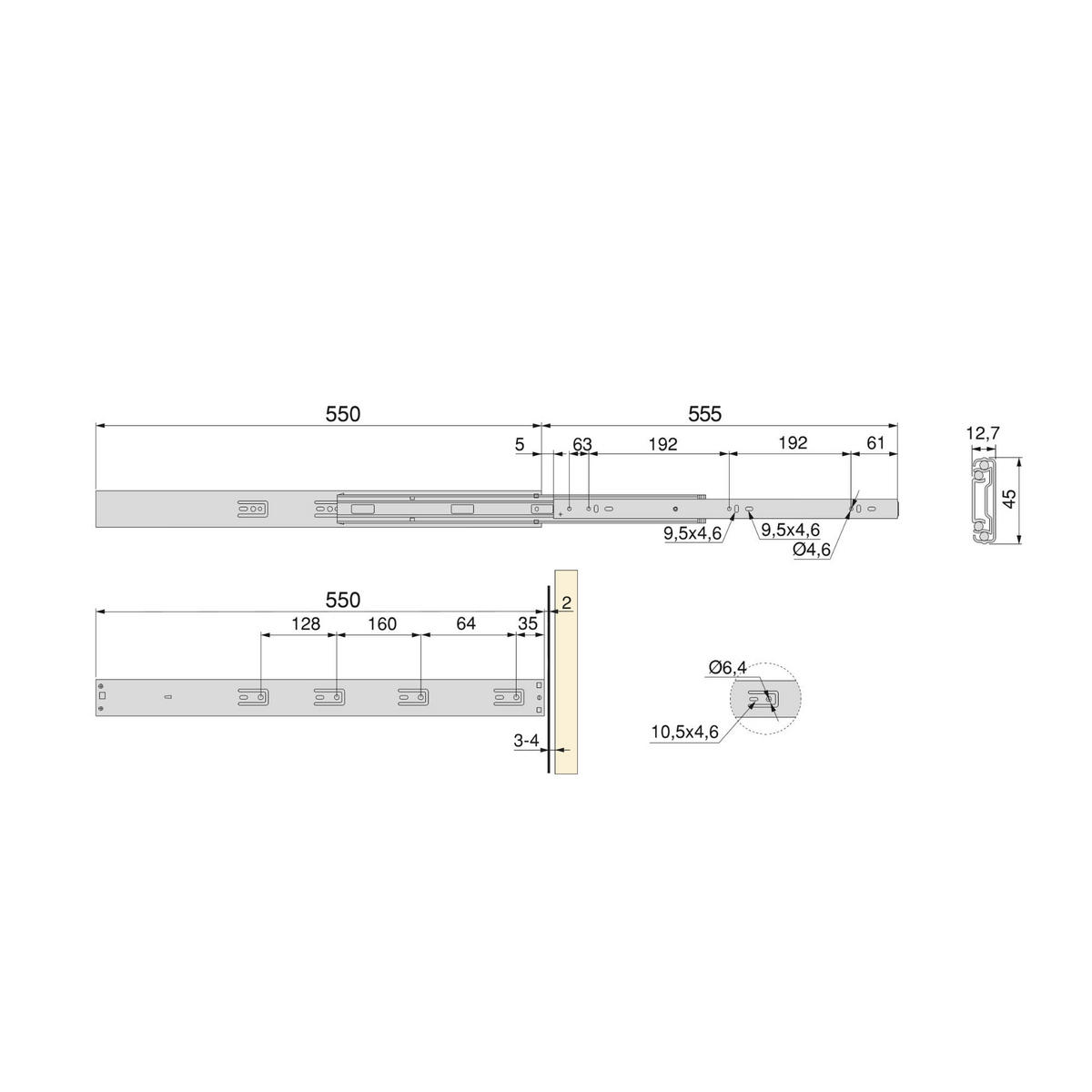 KUGELFÜHRUNGEN Höhe 45mm, Tiefe 550mm, Vollauszug, mit Push, mit Schließautomatik, Verzinkt 5er-set - Zinkfarben, Metall (15.5/6/56.5cm) - EMUCA