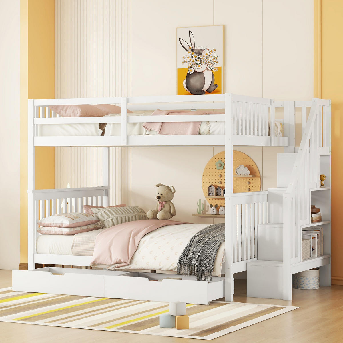 ETAGENBETT 140/200 cm aus Kiefernholz mit Treppenregal, Weiß - Weiß, Holz (140/200cm) - OKMYHOME