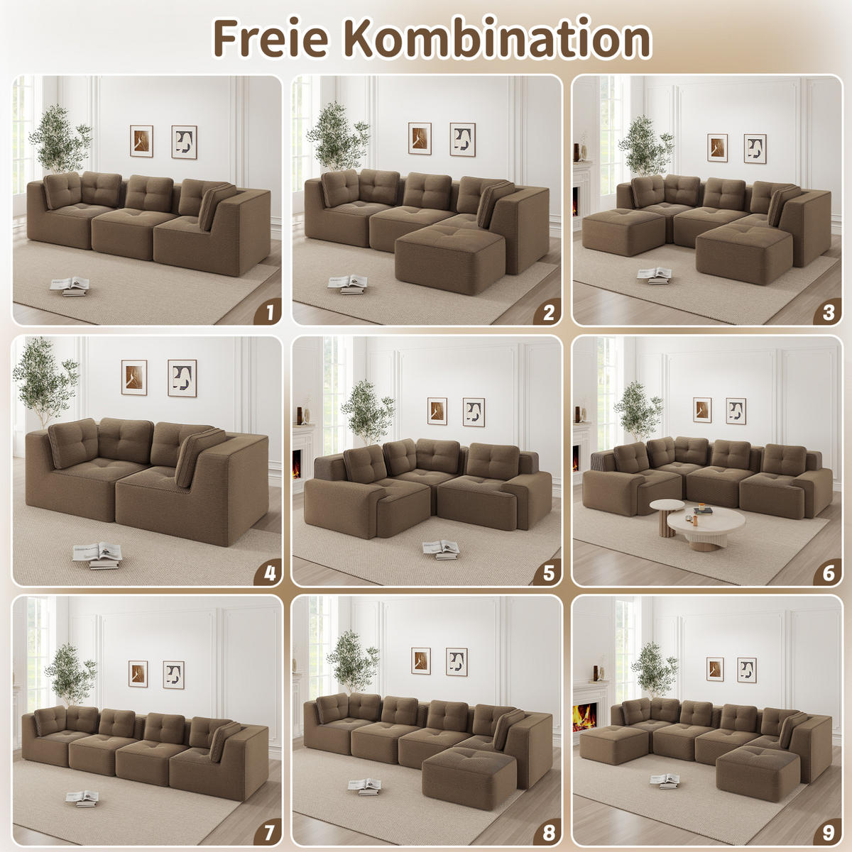 ECKSOFA 386/177/69 cm braun aus Cord mit modularem Design und rutschfestem Standfuß - Braun, Textil (177/386cm) - OKWISH