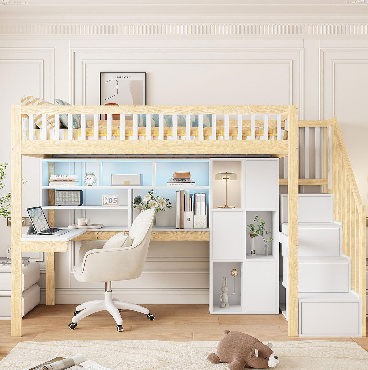 HOCHBETT 90/200 cm Weiß/Natur aus Kiefernholz und MDF mit Schreibtisch - Weiß, Holz (90/200cm) - OKMYHOME