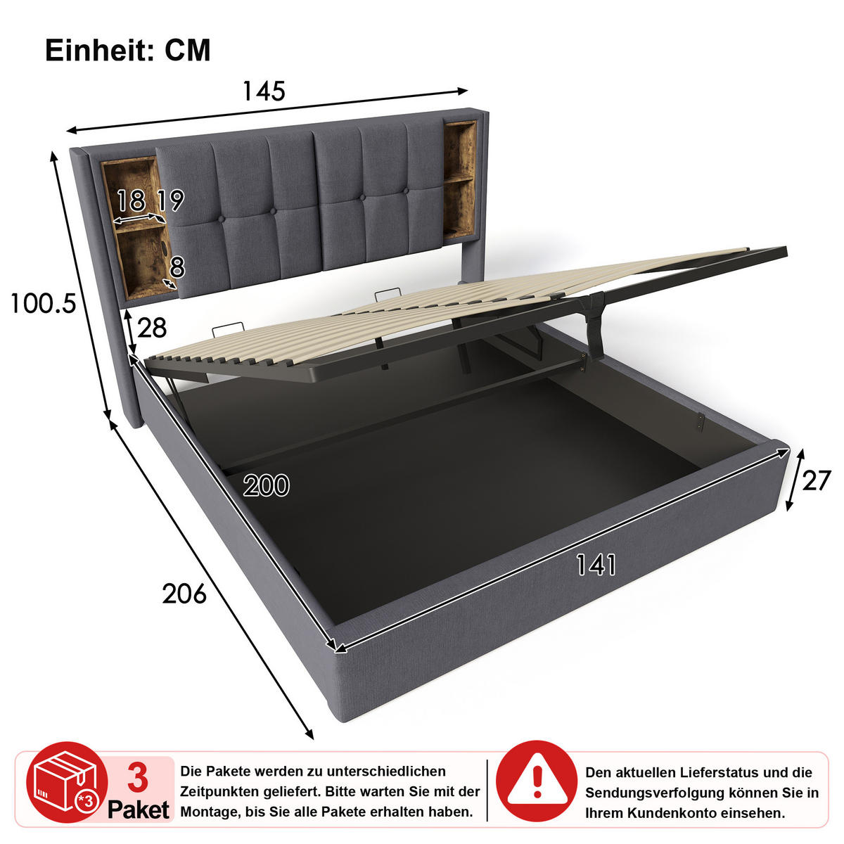 ČALOUNĚNÁ POSTEL 140 × 200 cm v šedé bavlně s úložným prostorem, USB, USB-C a bezdrátovým nabíjením - šedá, kov/kompozitní dřevo (140/200cm) - WISHDOR