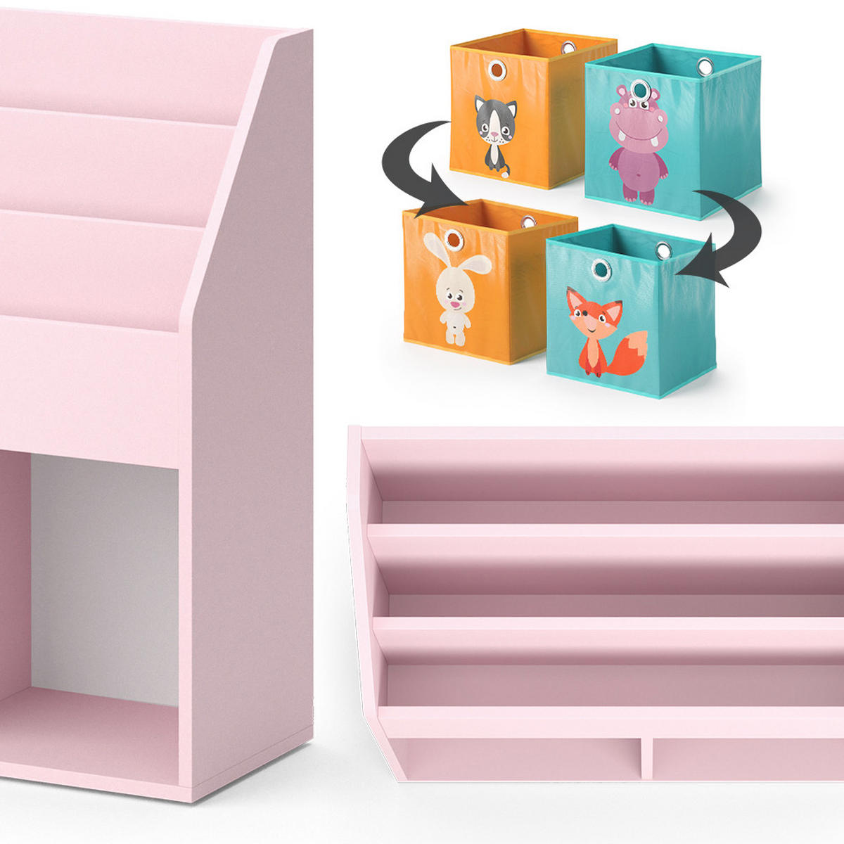 KINDERREGAL Luigi Rosa 72 x 79 cm mit 2 Faltboxen (Fuchs, Hase) - Pink, Holzwerkstoff (72/79/30.7cm) - Vicco