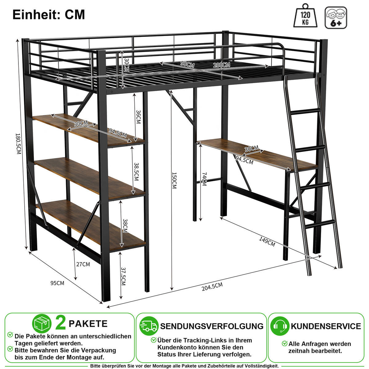 VYVÝŠENÁ POSTEL 90/200 cm v černé barvě s psacím stolem a 3 policemi - černá, kov/kompozitní dřevo (90/200cm) - CHICFURN