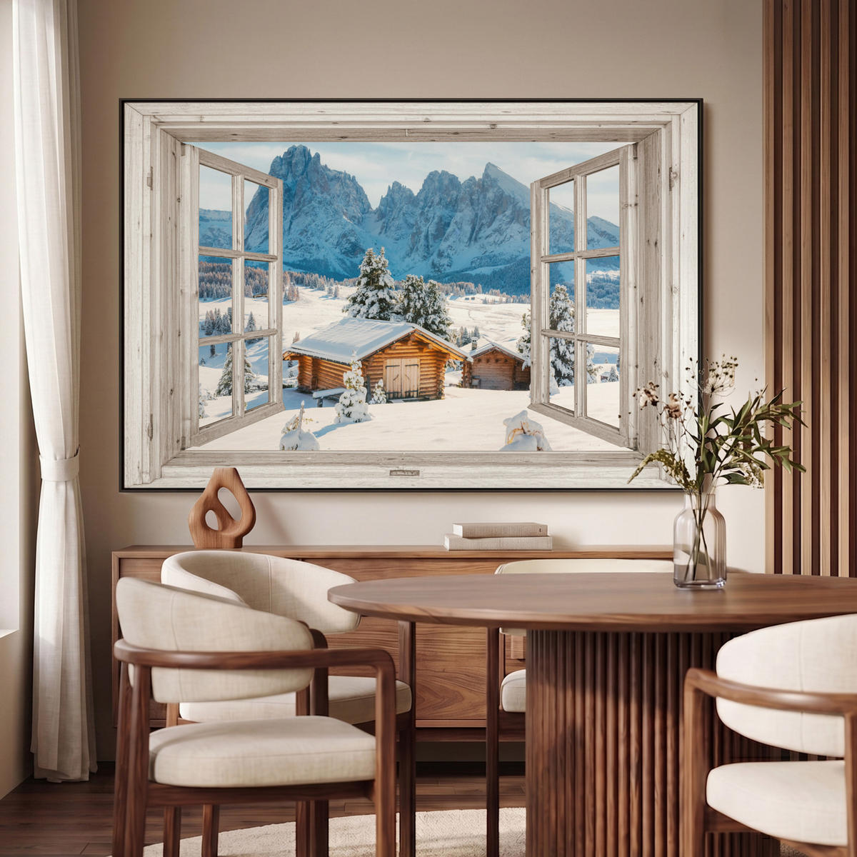 LEINWAND Bilder mit Rahmen - Winterlandschaft - Hütte - Berge - Ausblicke - Aussicht - Natur - 140x90 - Weiß Hochglanz, Textil (140/90cm) - MuchoWow