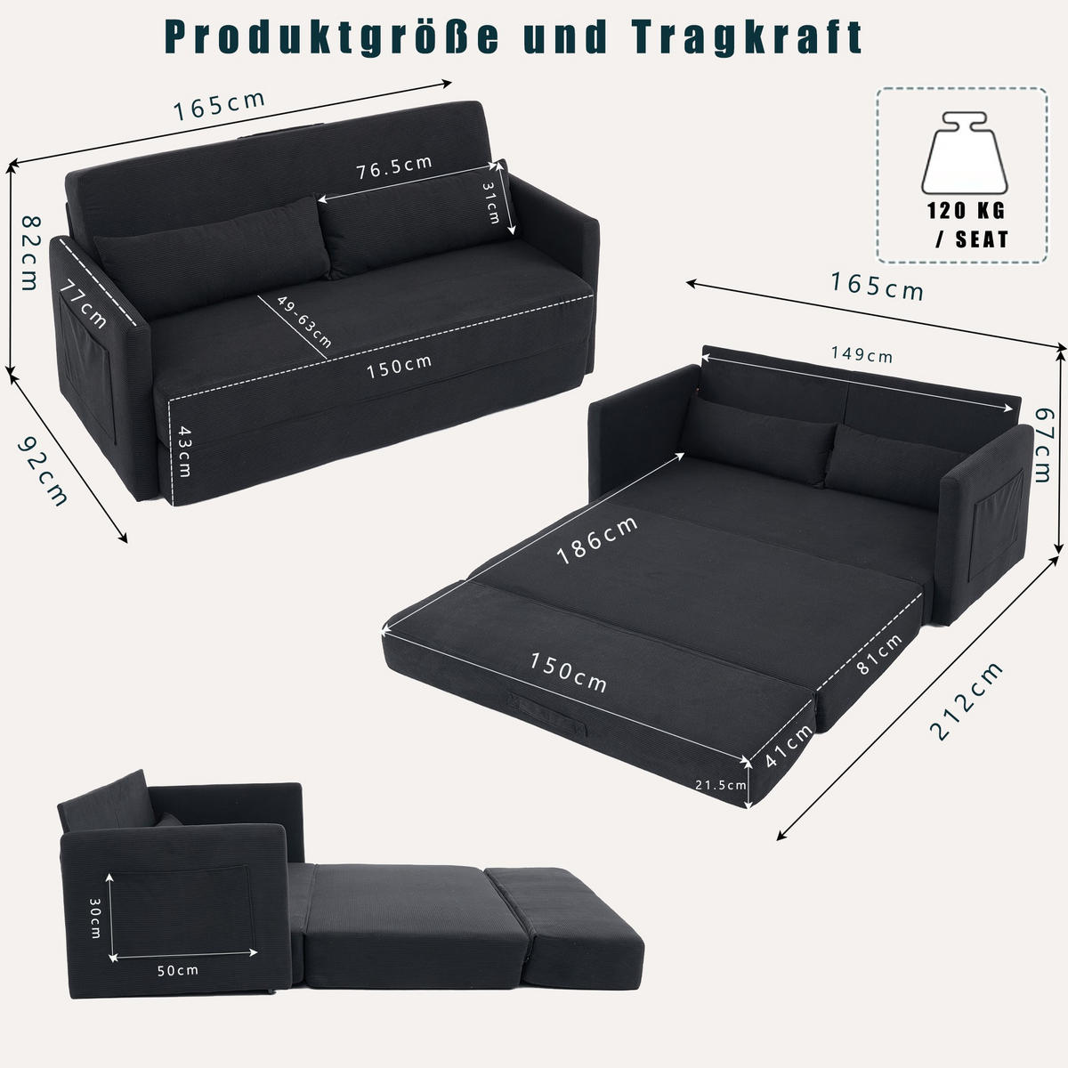 SCHLAFSOFA 2-Sitzer Sofa mit Schlaffunktion,klappbar,Schwarz - Schwarz, Textil (165/82/92cm) - LVHOM