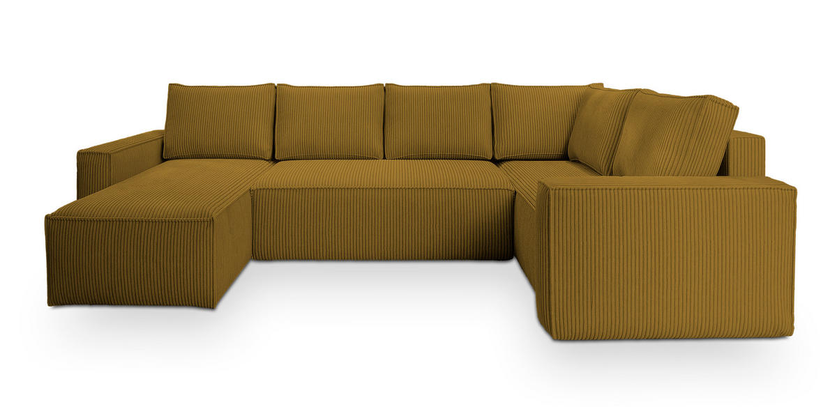 WOHNLANDSCHAFT NORENA R-S Gelb Kordstoff mit Schlaffunktion - Gelb, Holz (295/85/157.5cm) - MASSENO