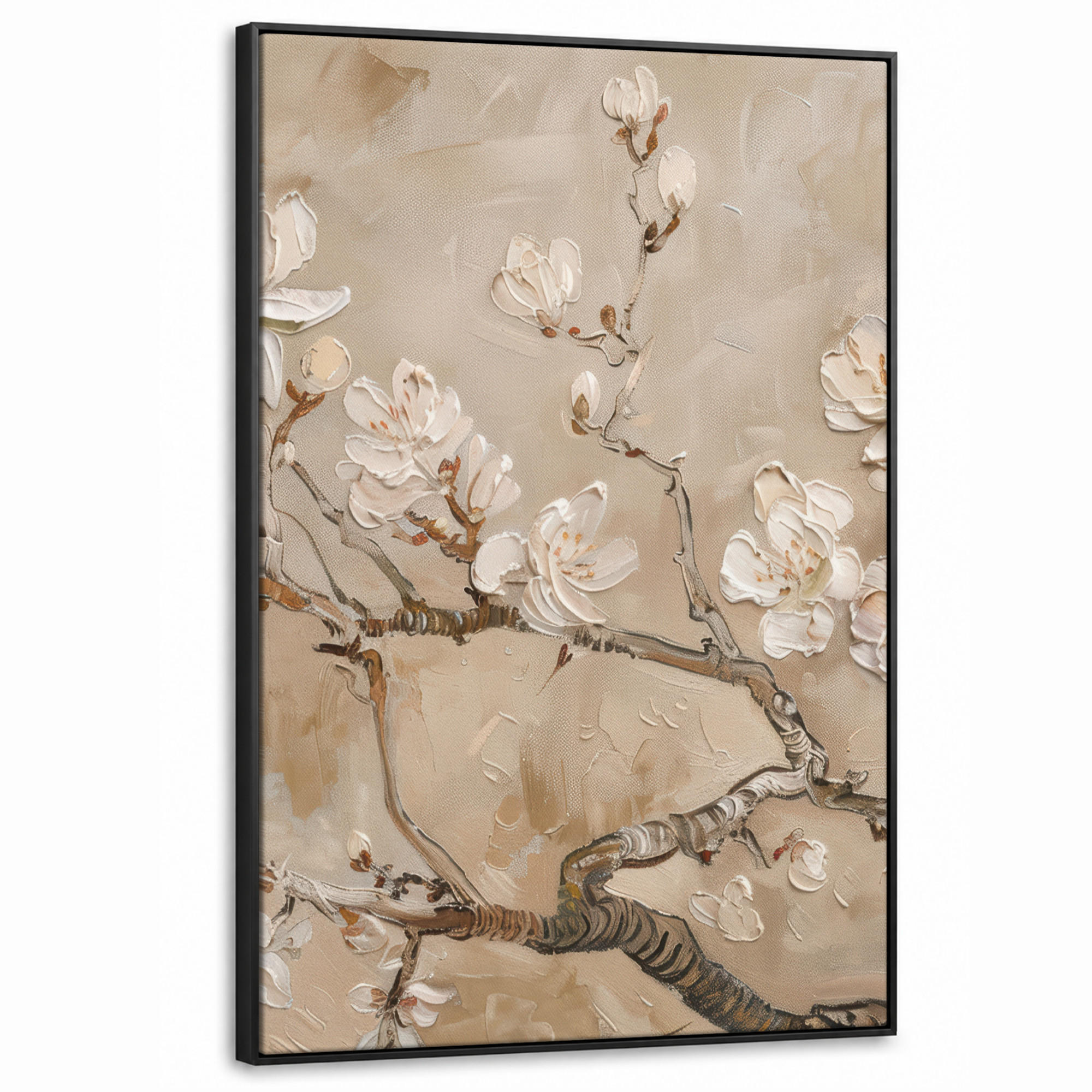 LEINWAND Bilder mit Rahmen - Blumen - Modern - Beige - Weiß - Blüte - 100x150 - Beige, Textil (100/150cm) - MuchoWow