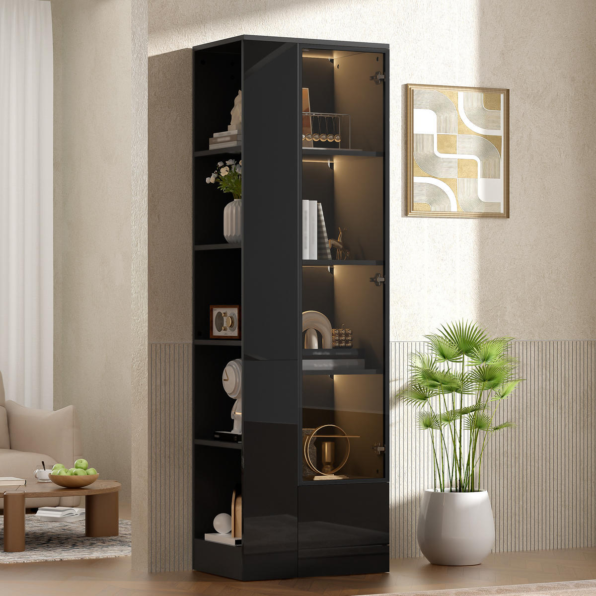 VITRINE 50x35x160 cm Schwarz mit LED und Glastür - Schwarz, Holzwerkstoff (50/160/35cm) - FLIEKS
