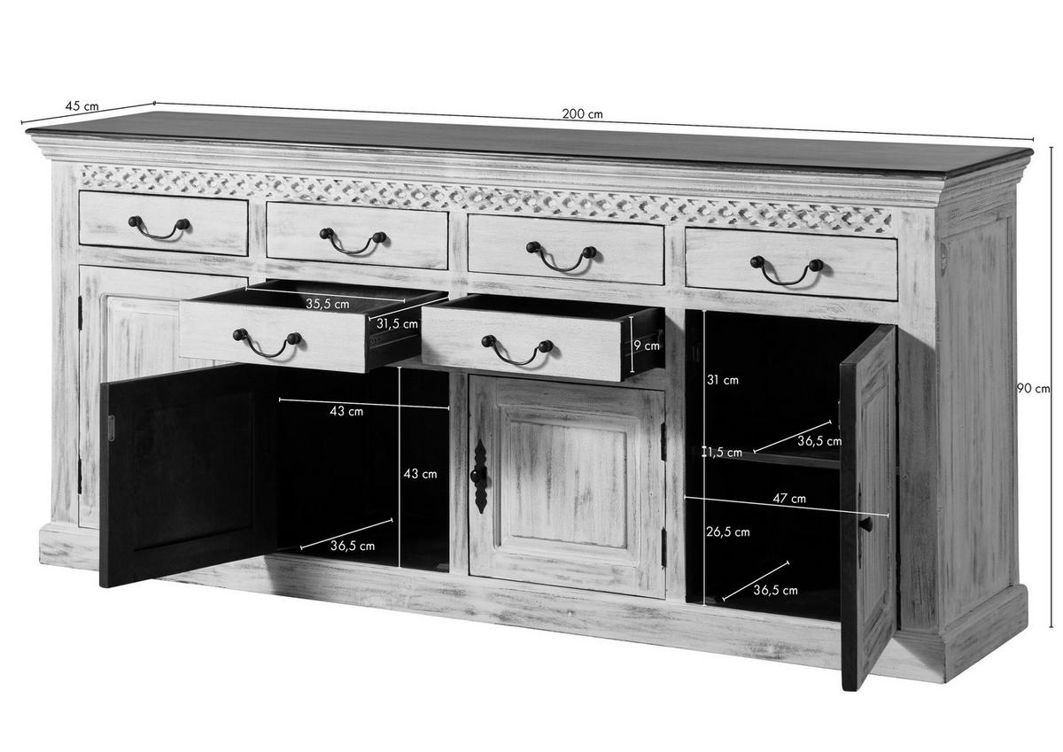 SIDEBOARD Mango / Akazie 200x45x90 weiß gewachst CASTLE-ANTIK #108 - Weiß, Holz (200/90/45cm) - Massivmoebel24