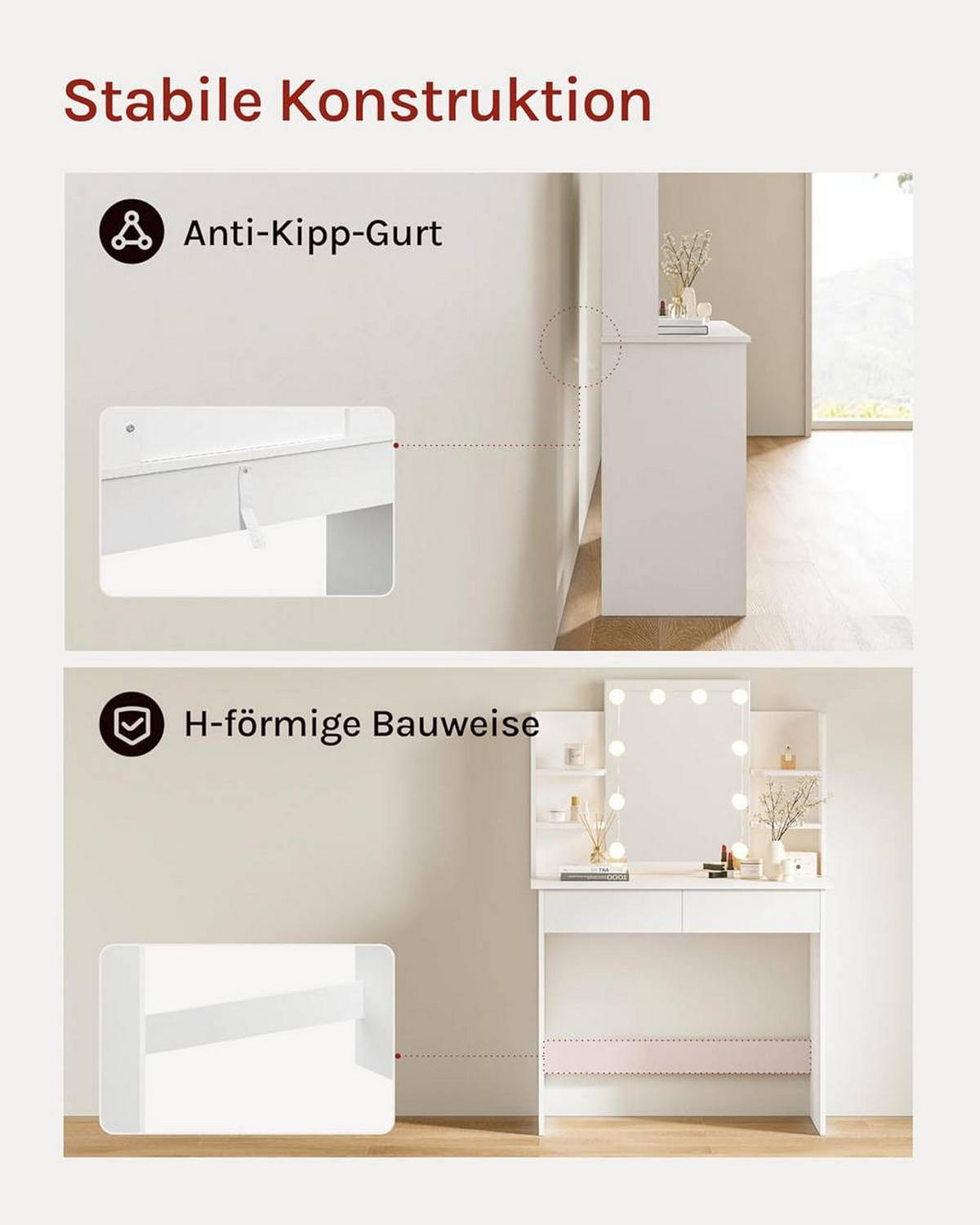 SCHMINKTISCH mit LED-Beleuchtung 90 cm Weiß - Weiß, Glas/Holzwerkstoff (90/40/135cm) - Woltu