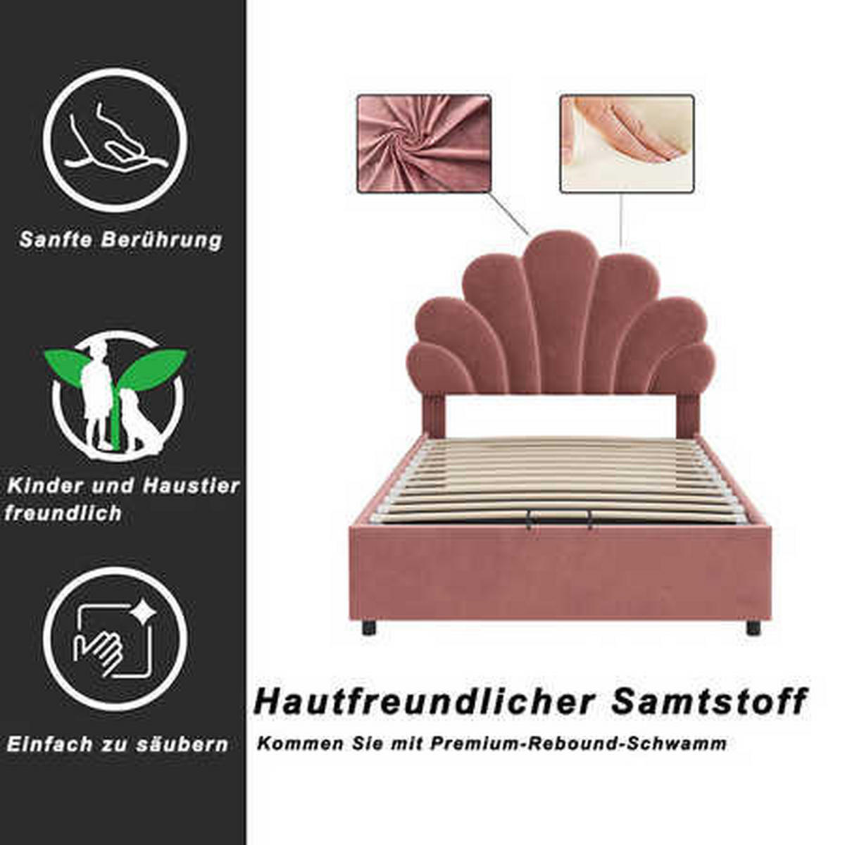 POLSTERBETT 90x200 Rosa Samt Stauraum - Pink, Textil (90/200cm) - FLIEKS