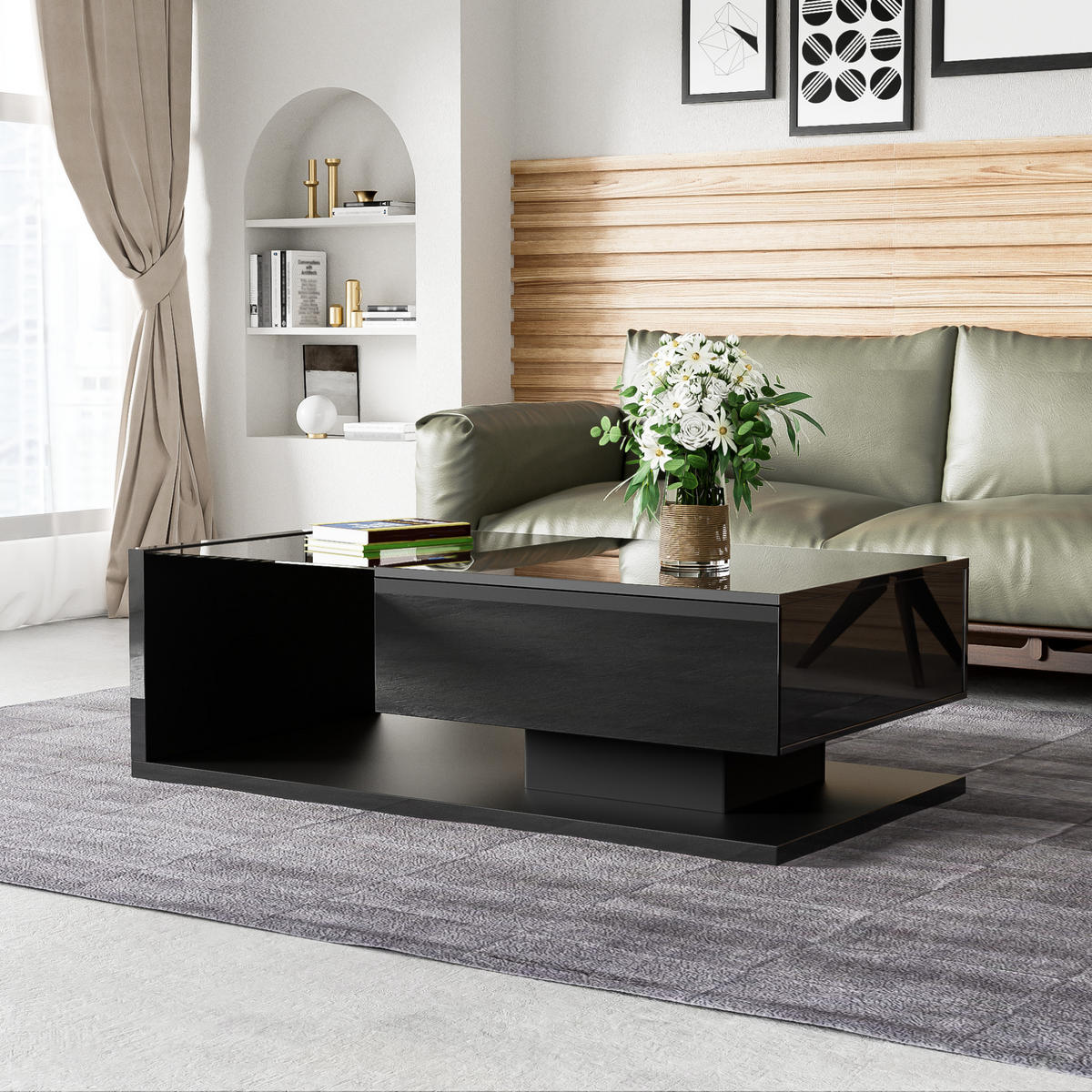 COUCHTISCH mit Ablagefach 105 x 55 cm Hochglanz Schwarz - Schwarz, Holzwerkstoff (105/55/32.5cm) - Meubliv