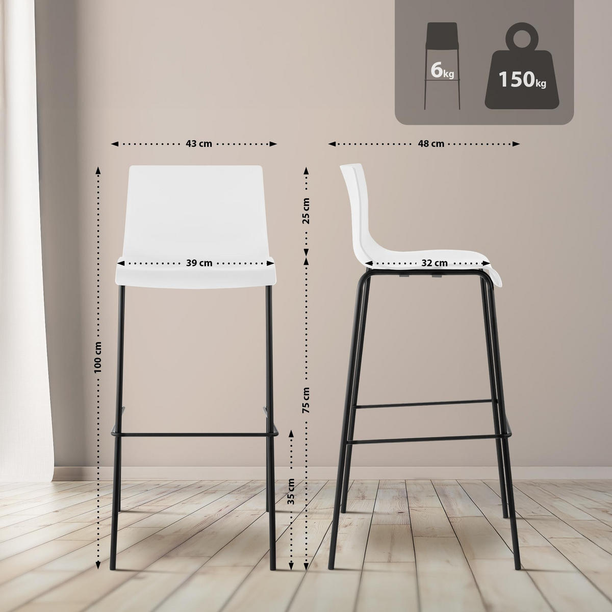 BARHOCKER Hover 100x43x48 cm weiß - Weiß, Kunststoff (43/100/48cm) - furnicato