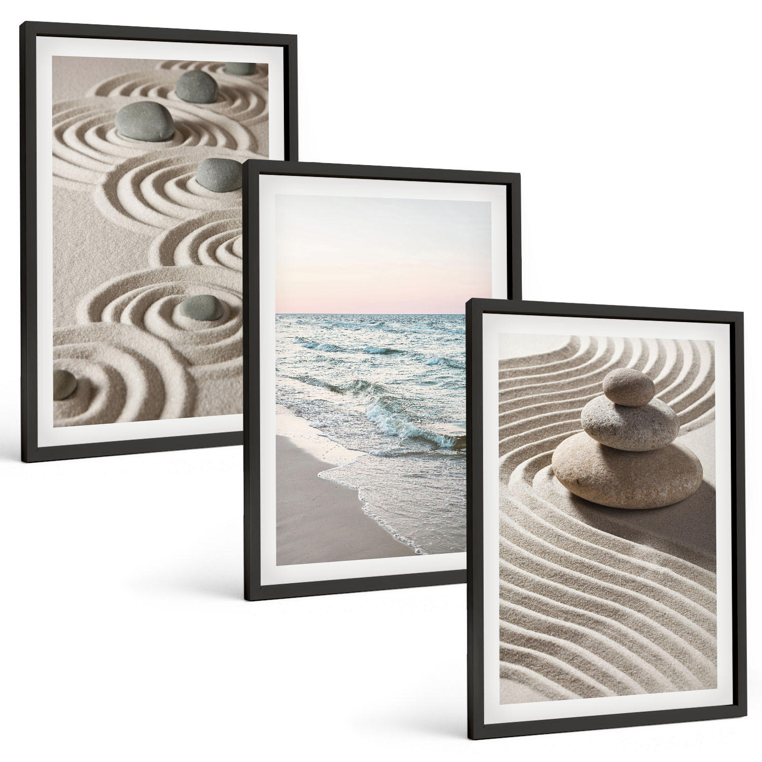 BILDER SET 3er Set - 40x60 cm Schwarzer Rahmen - Wellen, Sand, Wasser, Steine, Strand - Schwarz, Kunststoff (40/60cm) - TULUP
