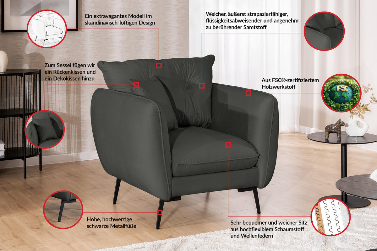SESSEL Nordloft Dunkelgrau Samt - Dunkelgrau/Schwarz, Holz/Textil (101/86/100cm) - S-Style Möbel