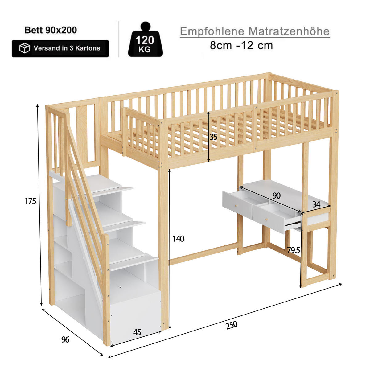 HOCHBETT 90x200 cm Tisch Treppe weiß - Weiß, Holz (90/200cm) - LEBENLANG