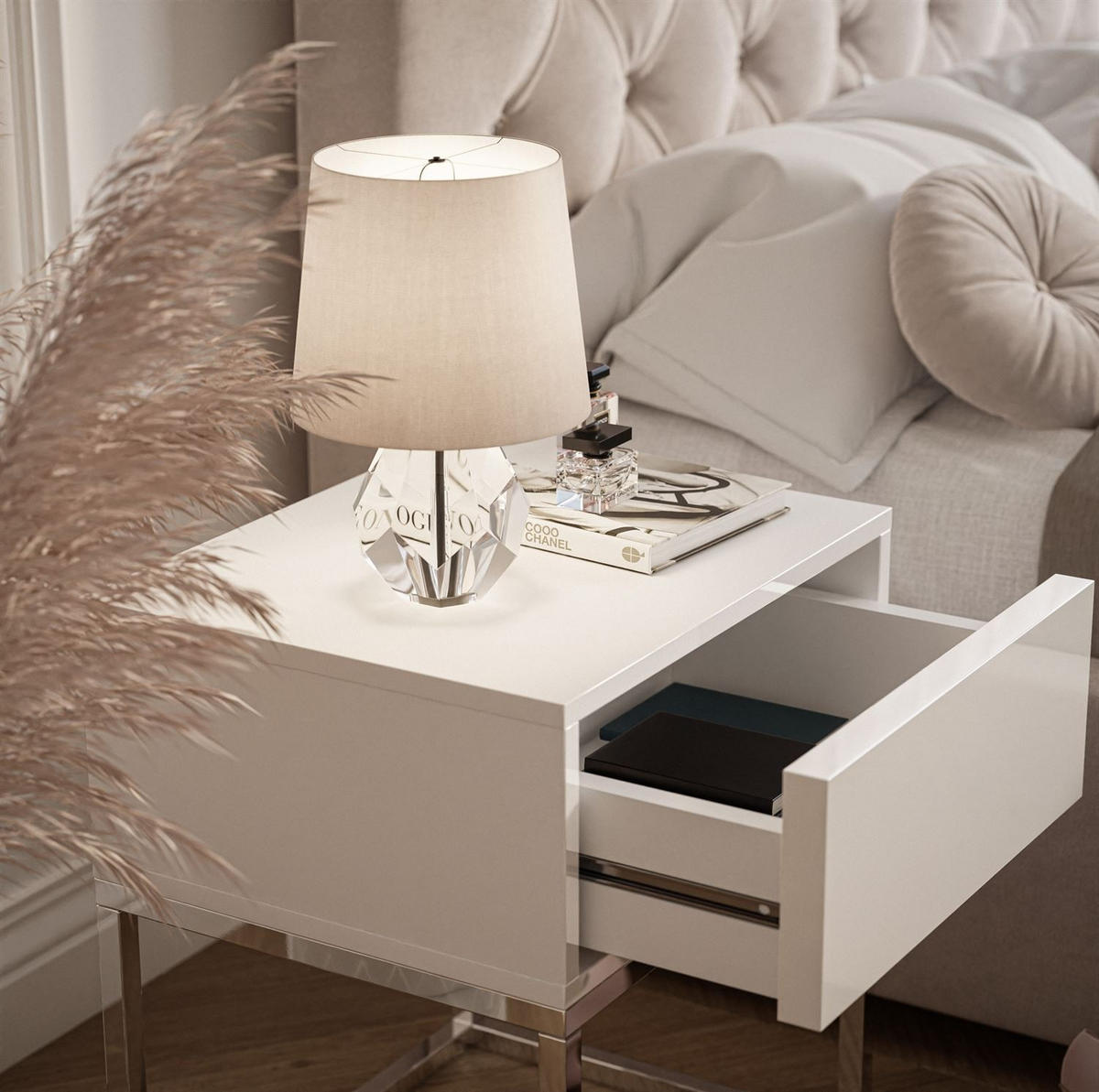 NACHTTISCH BLANCO GLAMOUR Weiß Hochglanz auf verchromtem Gestell PUSH OPEN - Weiß Hochglanz, Holzwerkstoff (45/53/36.6cm) - Lookway