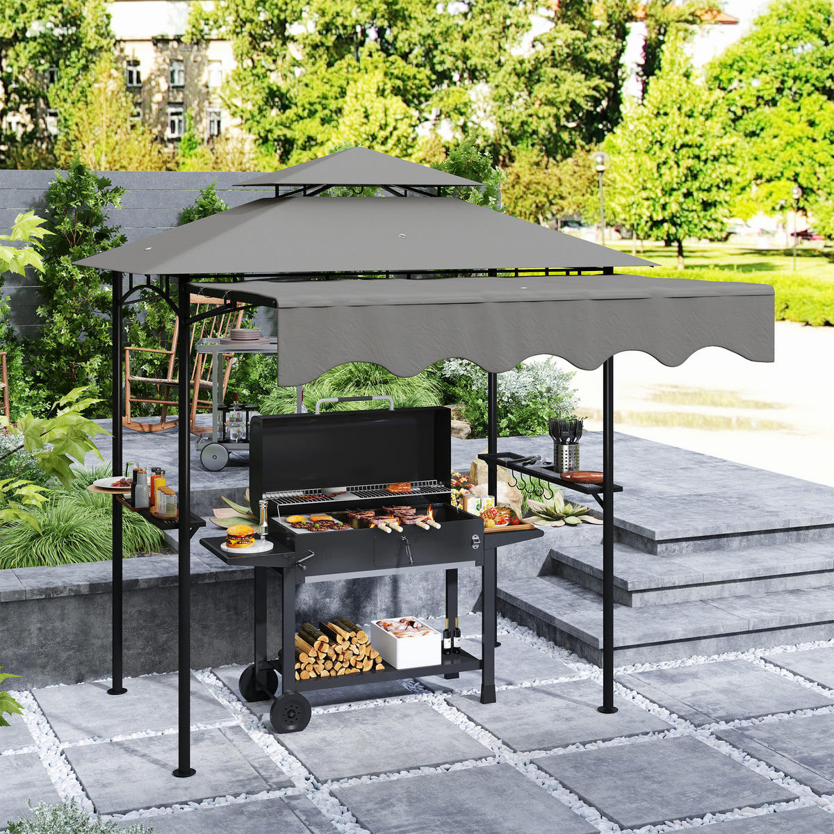 GRILLPAVILLON 242x232x248 cm wasserabweisend flammhemmend Gartenpavillon mit Doppelschichtdach Grau - Grau, Metall (242/248/232cm)