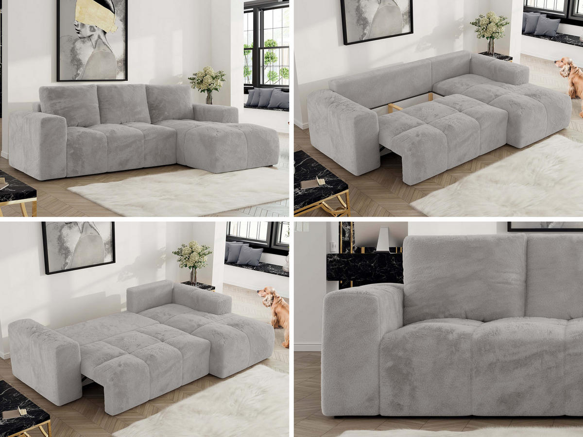 ECKSOFA MONIVA Hellgrau Plüsch - Rechts - Hellgrau/Schwarz, Textil (266/164cm) - MKS