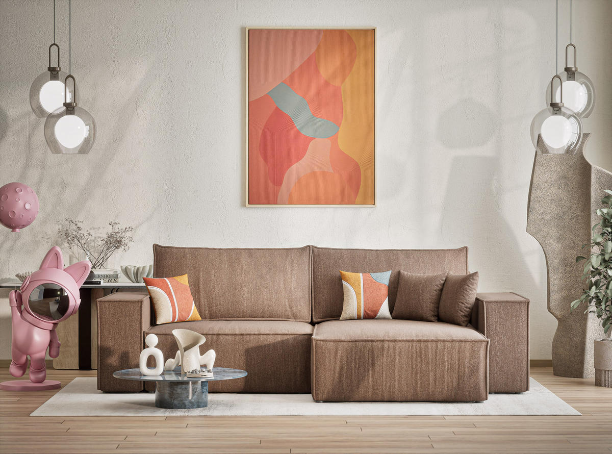 ECKSOFA MIT SCHLAFFUNKTION Zaya Hellbraun Webstoff - Hellbraun/Schwarz, Holz/Holzwerkstoff (255/148cm) - Maison de Reve
