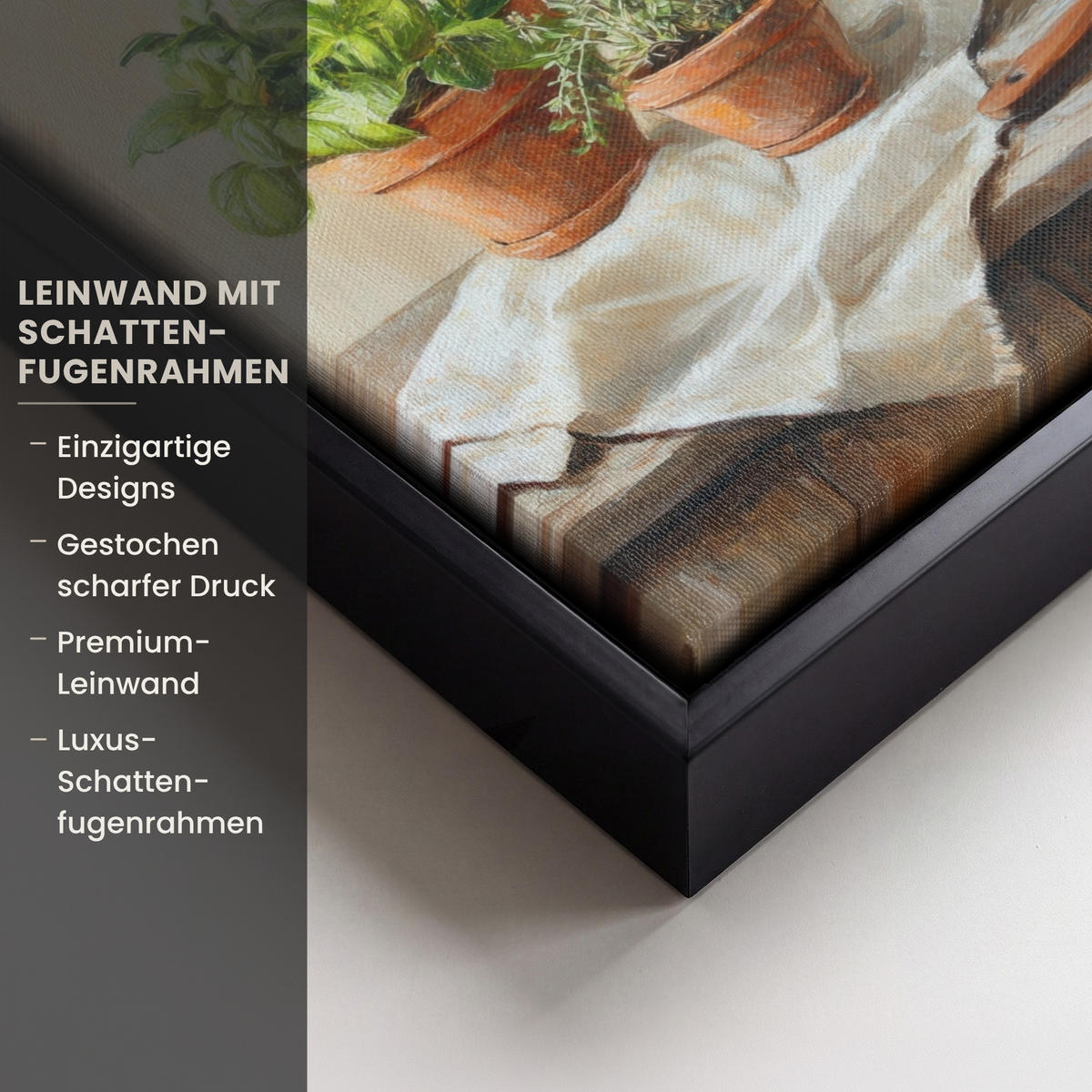 LEINWAND Bilder mit Rahmen - Töpfe - Kräuter - Holz - 40x30 - Terracotta, Textil (40/30cm) - MuchoWow