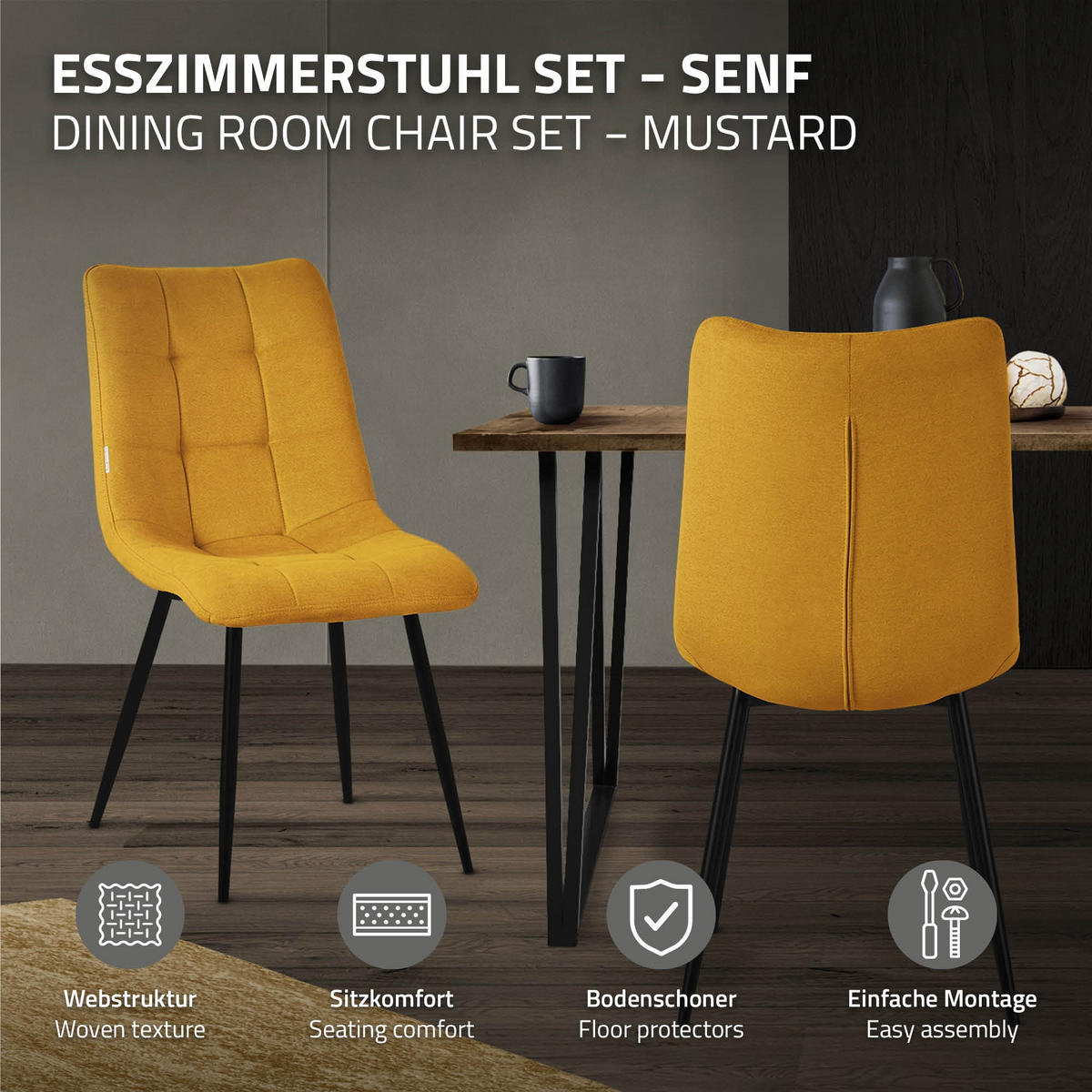 ESSZIMMERSTUHL 6ER-SET Senfgelb Stoffbezug - Dunkelgelb/Schwarz, Textil/Metall (49/89/60.5cm) - ML-DESIGN
