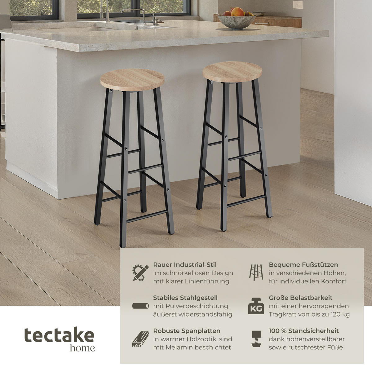 BARHOCKER 2er Set Keynes,Sitzhöhe 72,5 cm,Industrial Holz hell - Naturfarben, Holzwerkstoff (31/72.5/31cm) - tectake