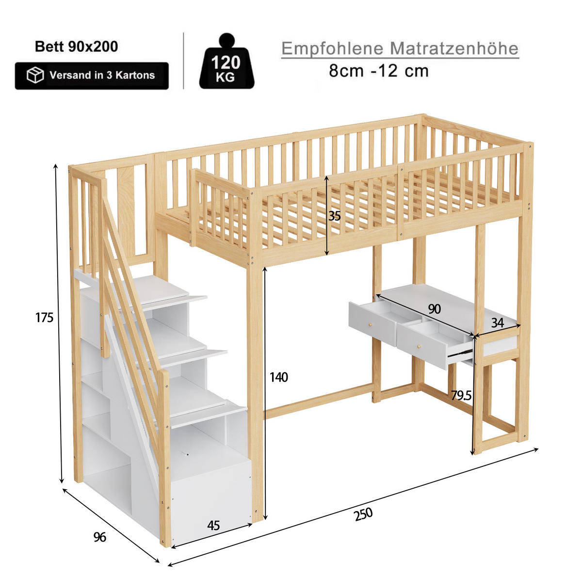 HOCHBETT 90/200 cm mit Multifunktionstisch und Aufbewahrungstreppe aus Kiefern, Weiß/Eiche hell - Weiß, Holzwerkstoff (90/200cm) - Redom