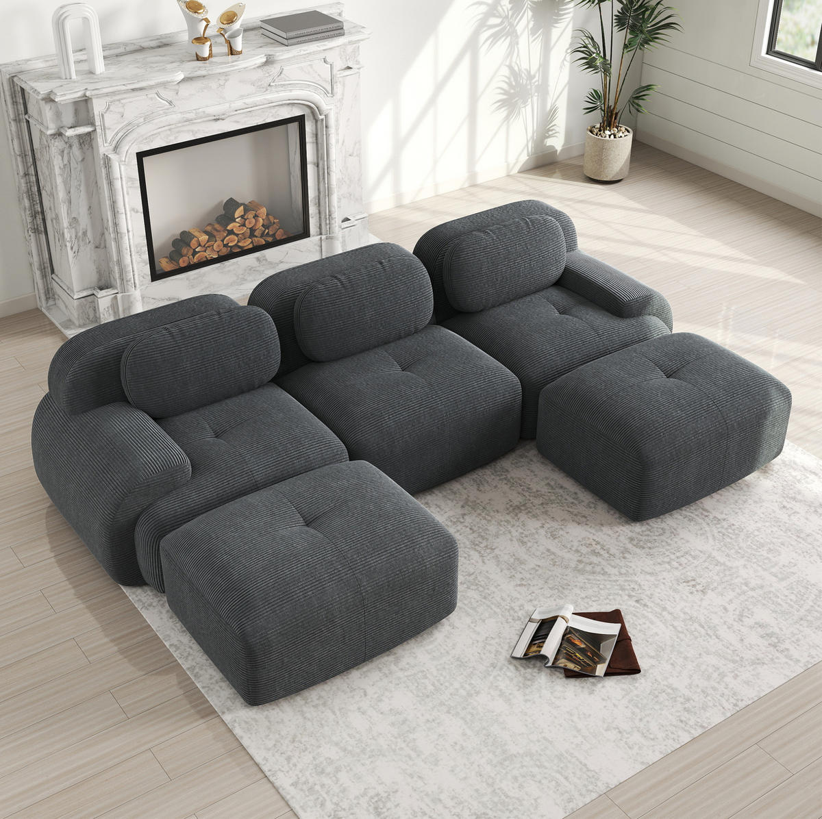 ECKSOFA modular rahmenlos Cordstoff Grey 4-tlg. - Grau, Kunststoff (178/75/298.2cm) - Meubliv